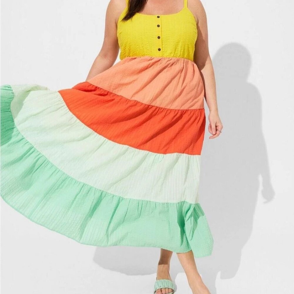 torrid Colorblock Tiered Maxi Dress in Yellow, Coral, Orange, Mint—size 2 (2xl)